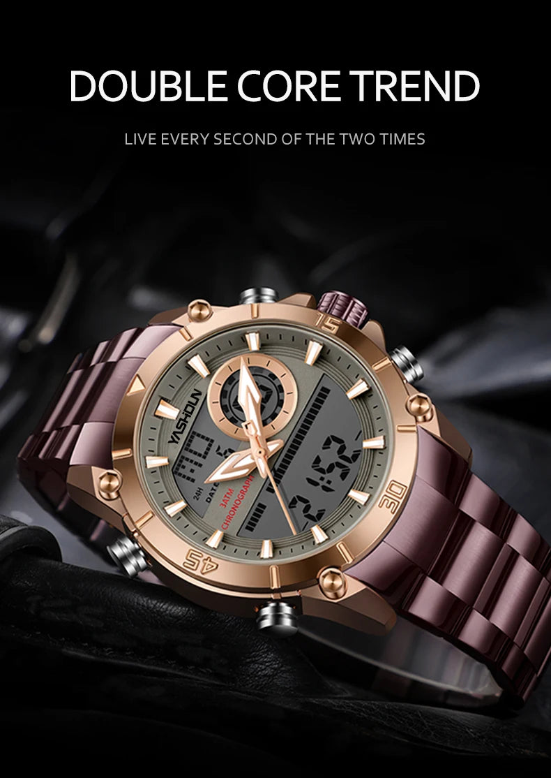Multi-functional sports men's watch with dual movement electronic steel band luminous waterproof quartz wristwatch