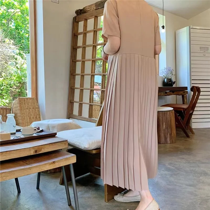 Summer 2024 Korean Sle Loose Slimming ort Sve Chiffon Pleated Long Dr Women's Casual Knee-Over Maxi Dr