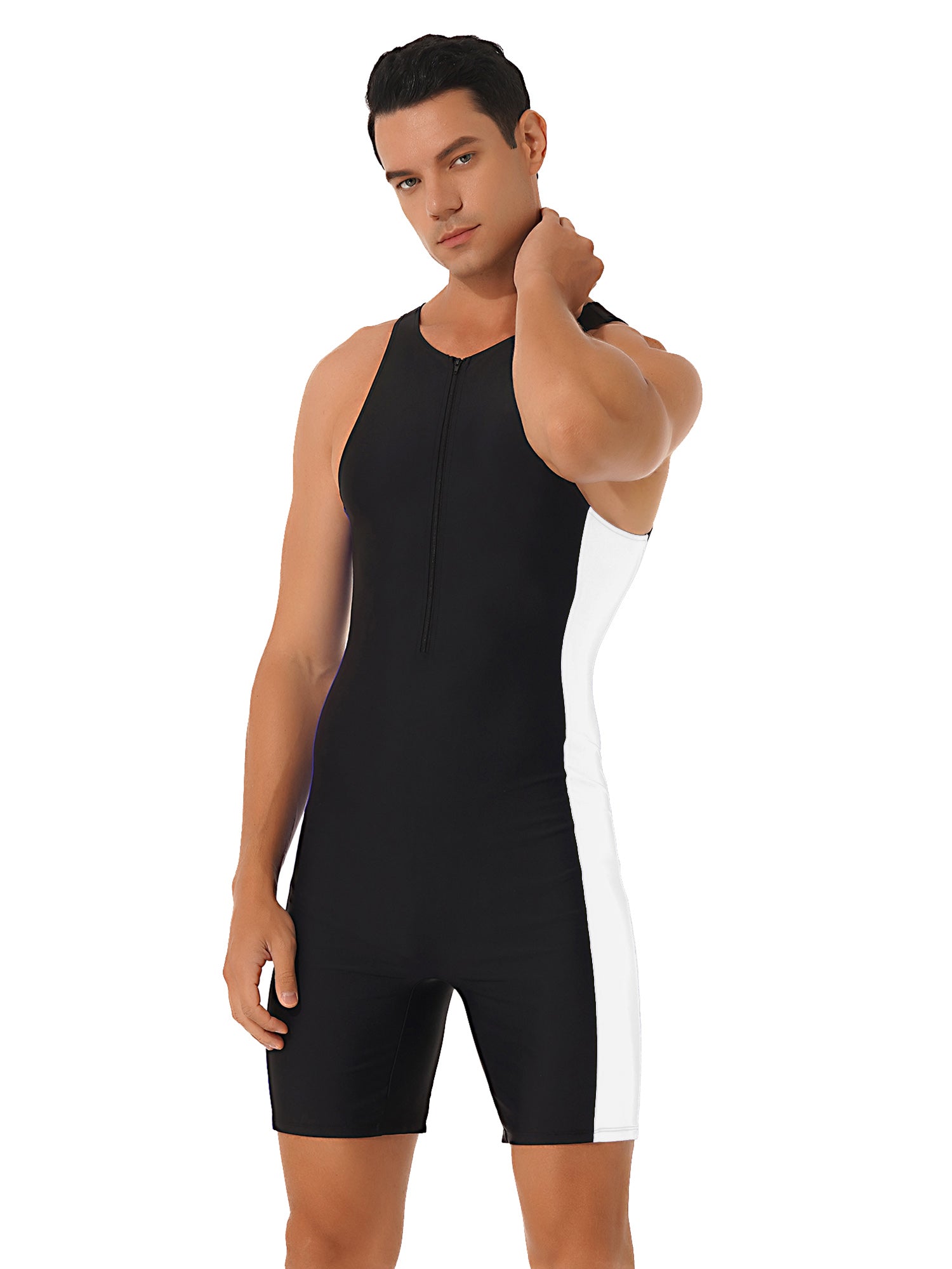 Mens Swimwear One-piece Wetsuit Swimming Bathing Suit Round Neck Sleeveless Side Shorts Bodysuit Triathlon Front Zipper Swimsuit
