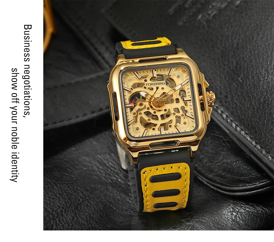 FORSINING Original Square Skeleton Mechanical Man Wristwatches Automatic Movement Field Sports Waterproof Silicone Replica Watch