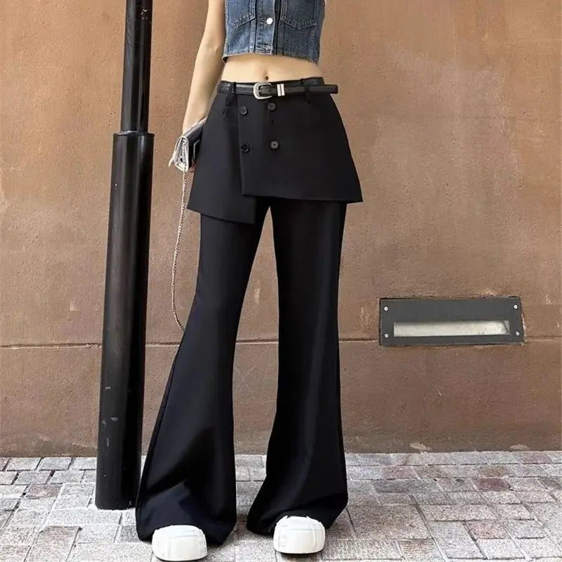 Korean Women's Apron Pants Short Skirt Patchwork Fashion High Street Fake Two Pants Solid Color High Waist Flared Pants 937P