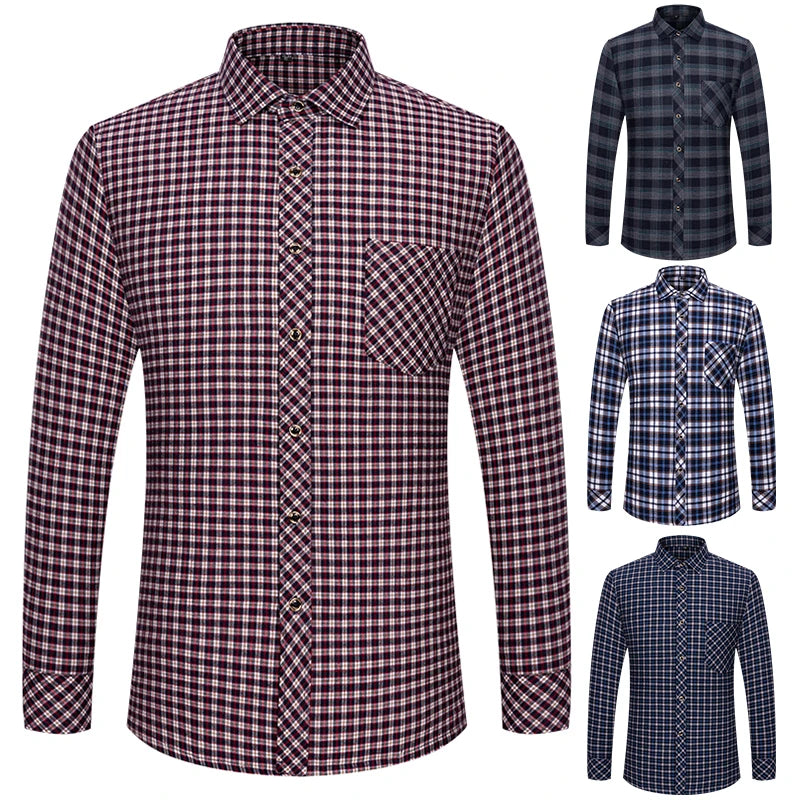 New Cotton Flannel Plaid Shirt For Men's Long Sleeve Regular-fit Brushed Single Pocket Soft Comfortable Casual Fashion Shirts