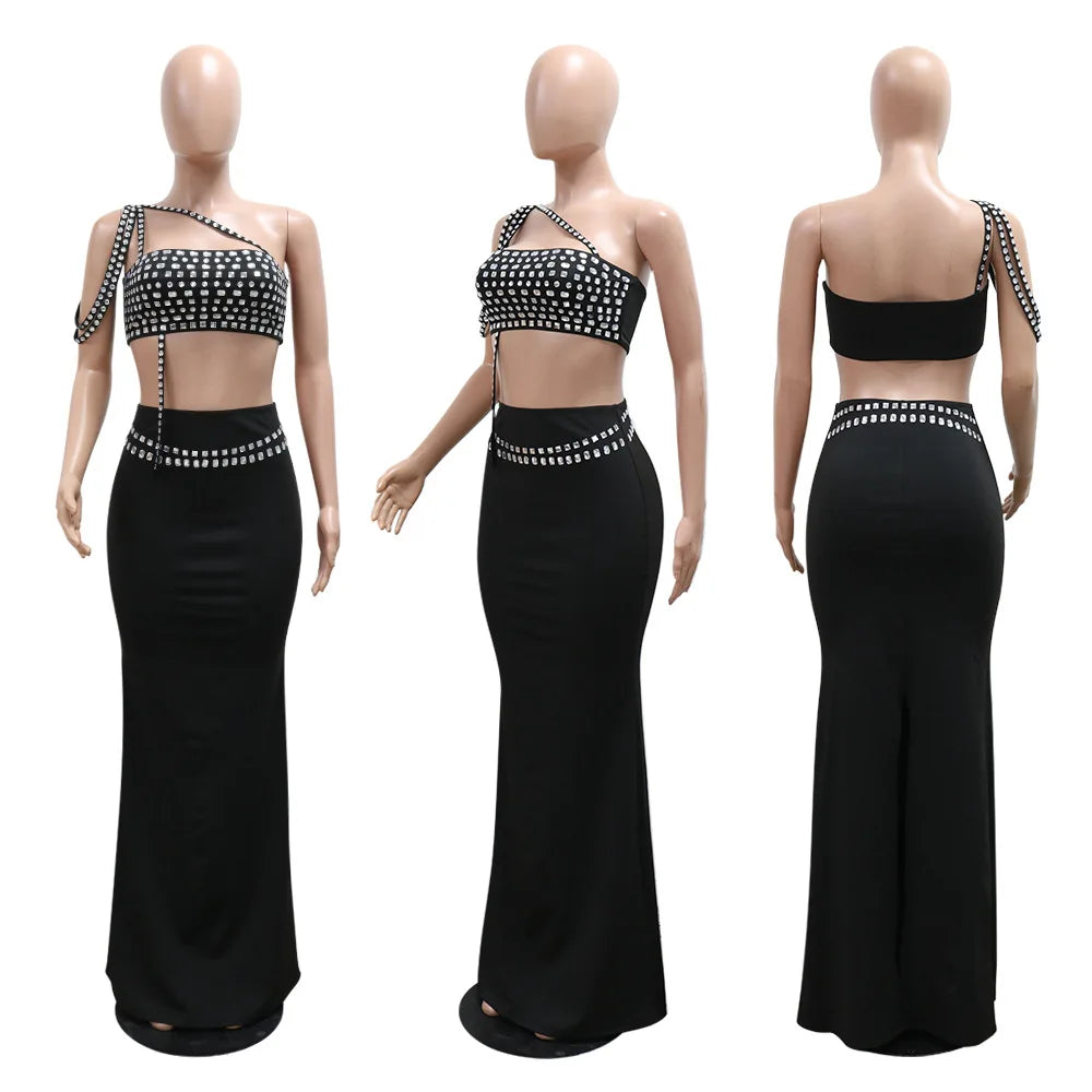 Women Dress Sets Floor Length Buttocks Skirts Two Pieces Set Matching Sets Diamonds Camisole High Street Party Night Evening