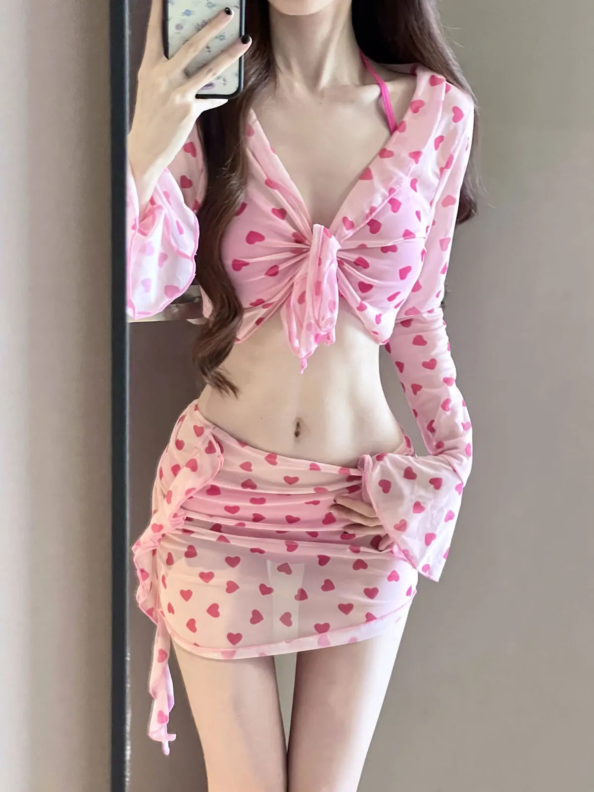 sexy Korean fashion pink heart print swimsuit 4pcs autumn long flare sleeve cover top with skirt bikinis padded swimwear biquini