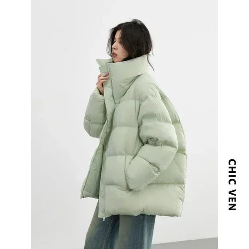 CHIC VEN Women's Down Coats Korean Stand Collar Simple Solid Color Warm Casual Jackets Soft Fashion Female Clothing Winter 2025