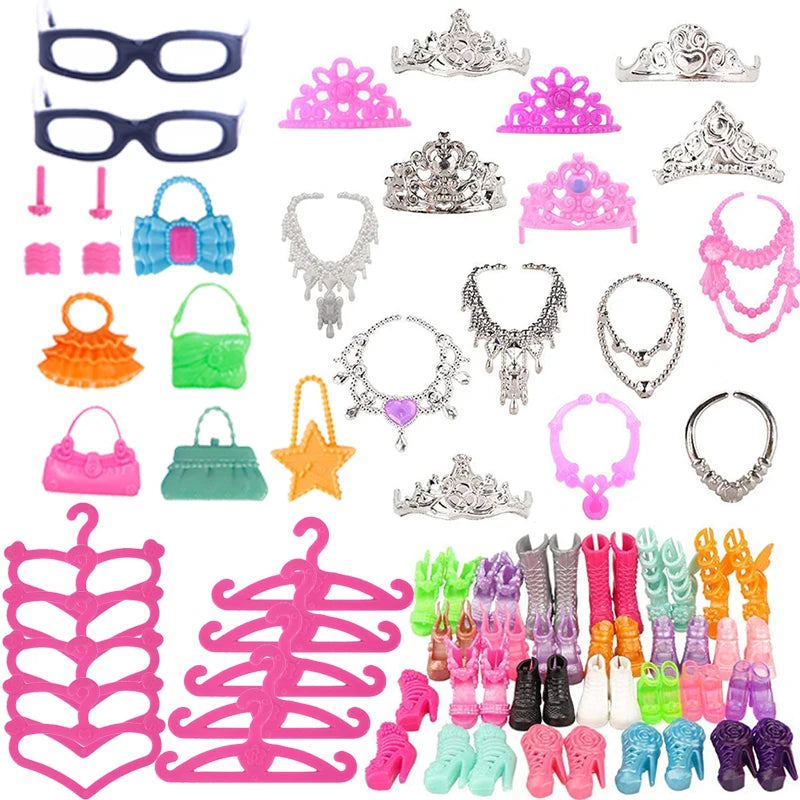 45 Item/Set Doll Accessories=5*Doll Clothes Dress+40*Doll Accessories Doll Shoes Boots Necklaces Glasses Hangers For 30CM Doll