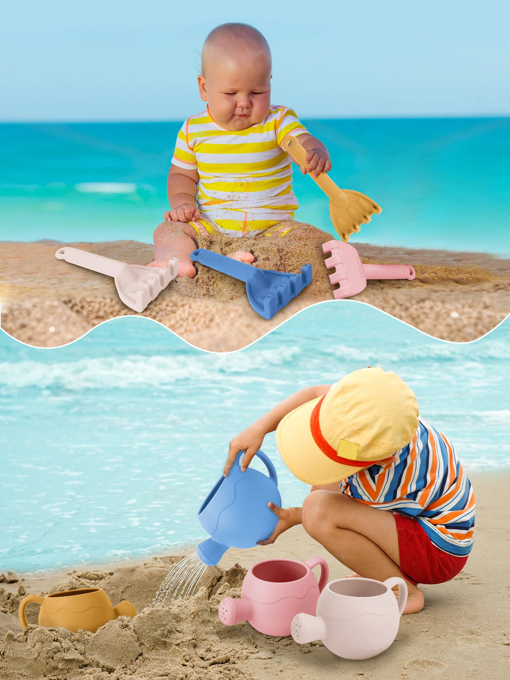 Summer Beach Toys Sand playing tools Soft Silicone Watering Pot Rake Set Play Sand Bucket Shovels Suitable for children outdoors