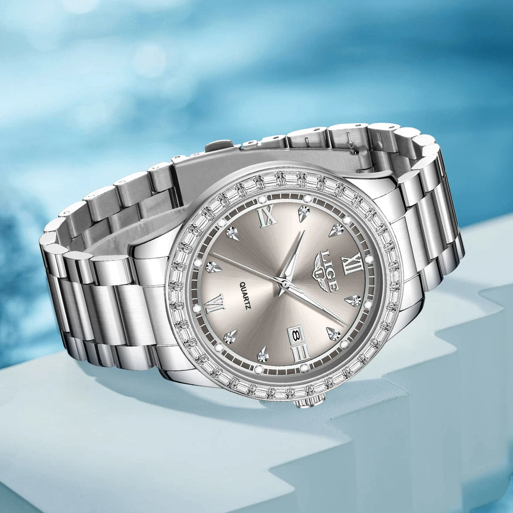 LIGE Creative Diamond Design Watch Women Waterproof Stainless Steel Luminous Ladies Watches Simple Elegant Quartz Wristwatch