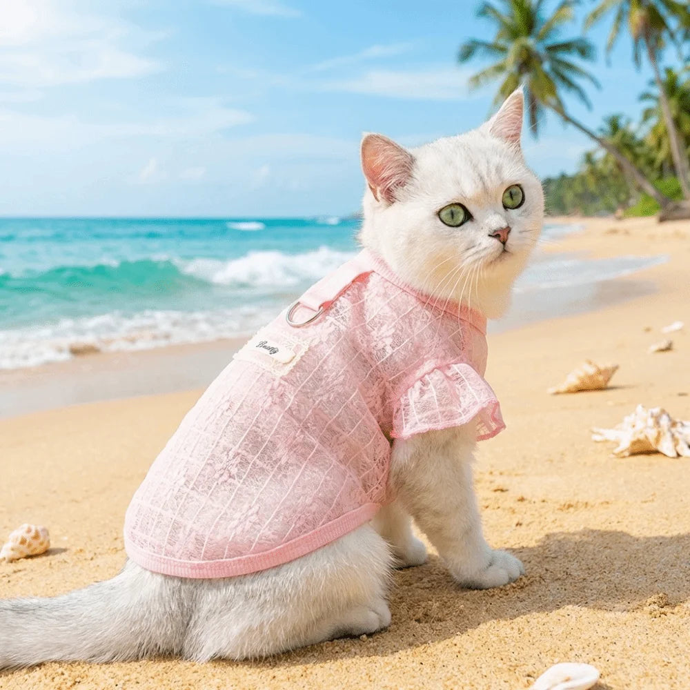 Thin Mesh Dog Cooling Vest Flying Sleeves Sun Protection Cat Sunscreen Vest Breathable Flower Print Dog Summer Clothes