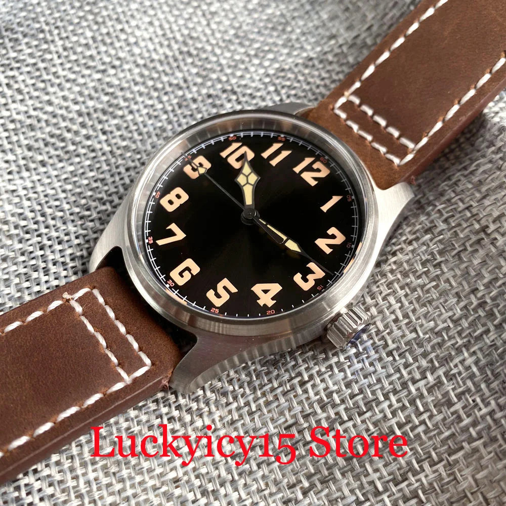 Tandorio Automatic Pilot Watch 39MM 20ATM NH35/PT5000 Movement Wristwatch Leather Strap Sapphire Green Lume Vintage Black Dial