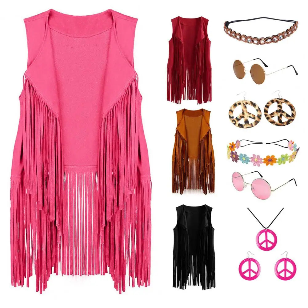 60s 70s Women Vest Set Headband Sunglasses Necklace Earrings Tassel Cardigan Jewelry Set Waistcoat Dance Party Disco Costume