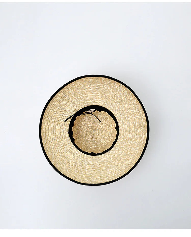 Wide-Brimmed Black-Trimmed Straw Hats for Women Summer Vintage French Elegant Hepburn Wide-Brimmed Woven Beach Caps Casquette