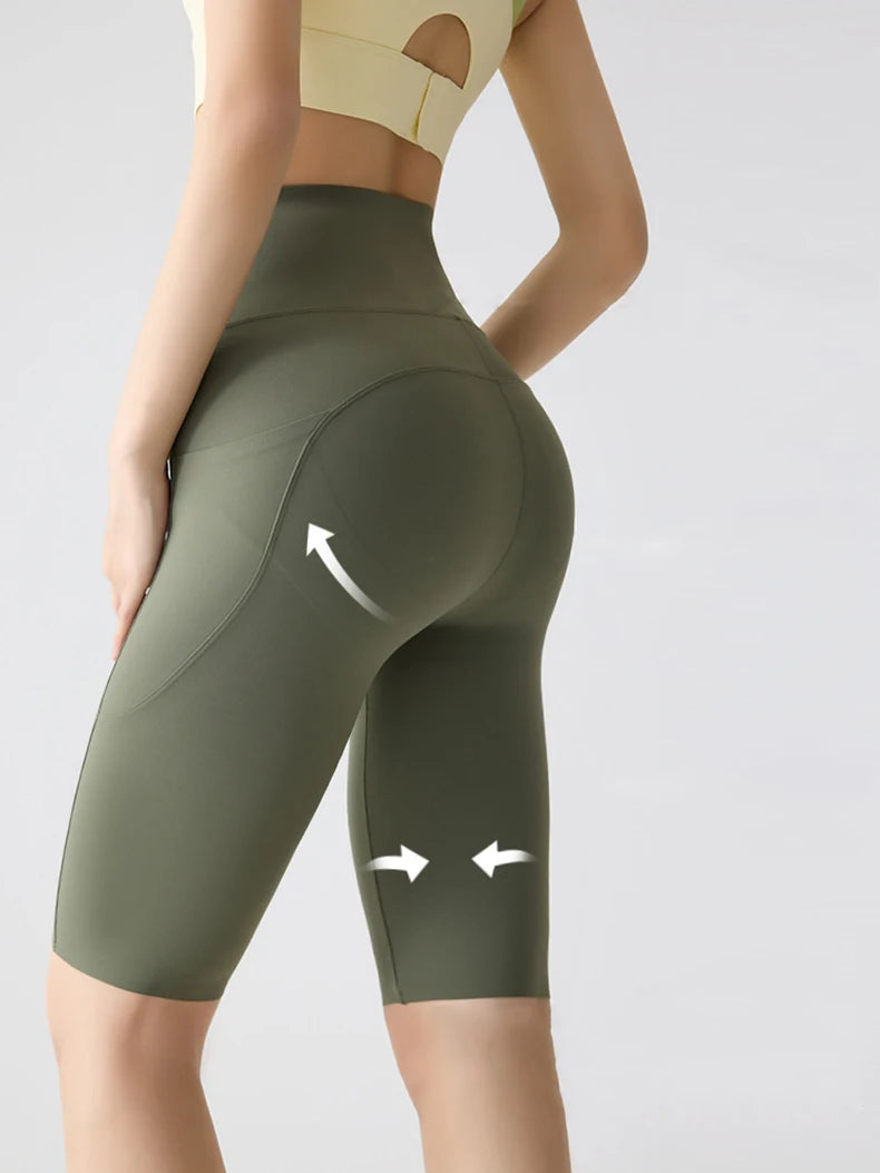 BIVIGAOS Summer Pocket Yoga Sharkskin Bicycle Shorts Women Thin High Waist Push Up Naked Feeling Sports  Fitness Cycling Shorts