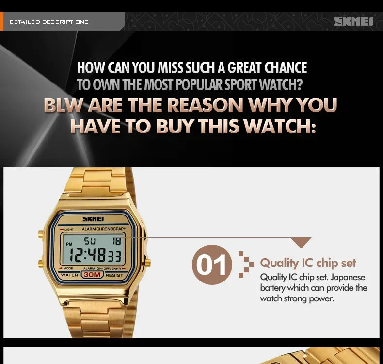 Skmei Fashion Men Stainless Steel Strap LED Display 3Bar Waterproof Digital Watch Reloj Hombre For Casual 1123 Sport Watches
