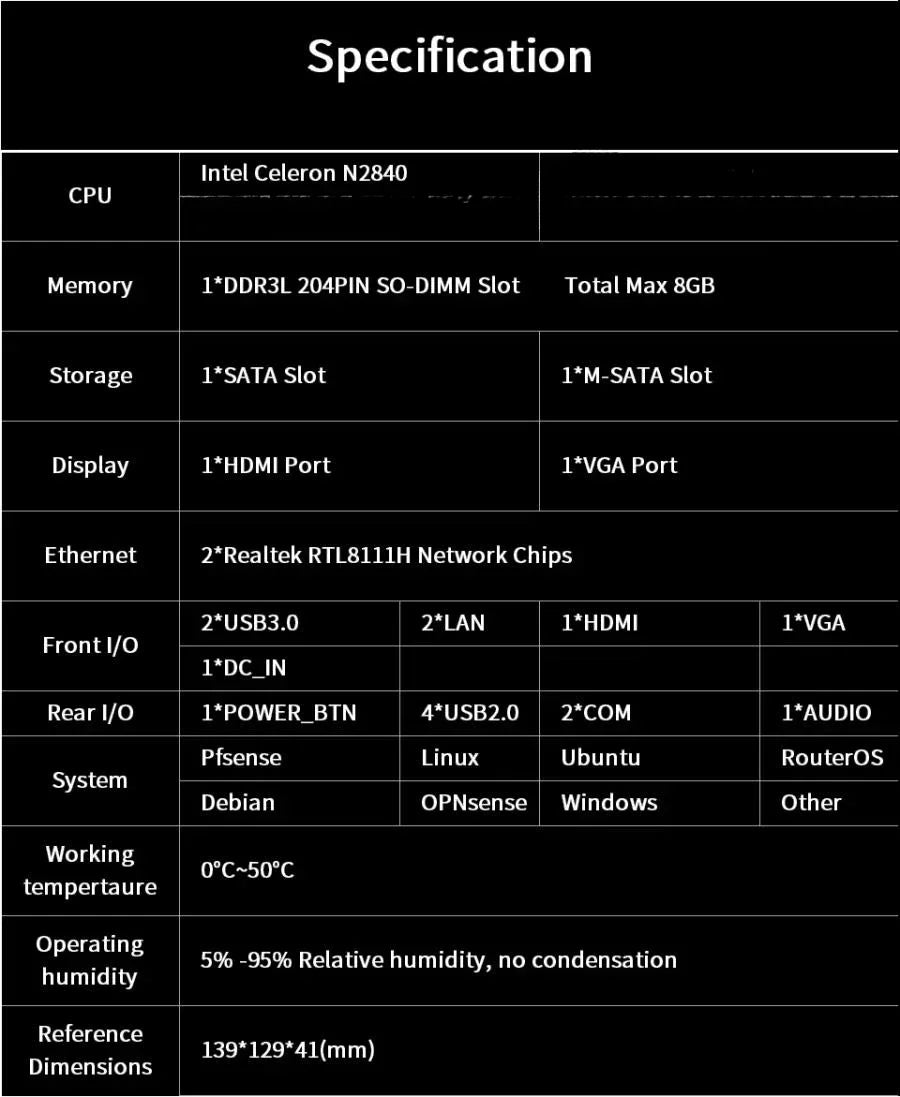 Mini PC Intel N2840 Desktop Computer Pfsense DDR3L Msata SSD 2Lan 2COM VGA HD Display
