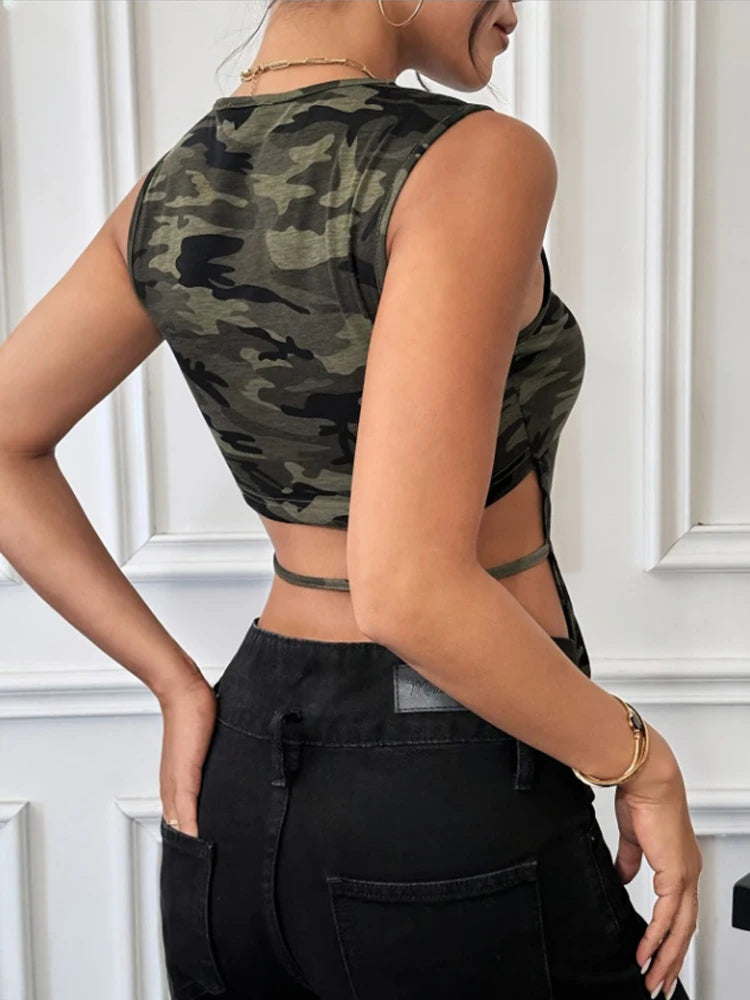Summer Casual Sleeveless Tank Top Women's Camouflage Pattern Longer Front and Shorter Back Vest Suitable for Fitness and Sports