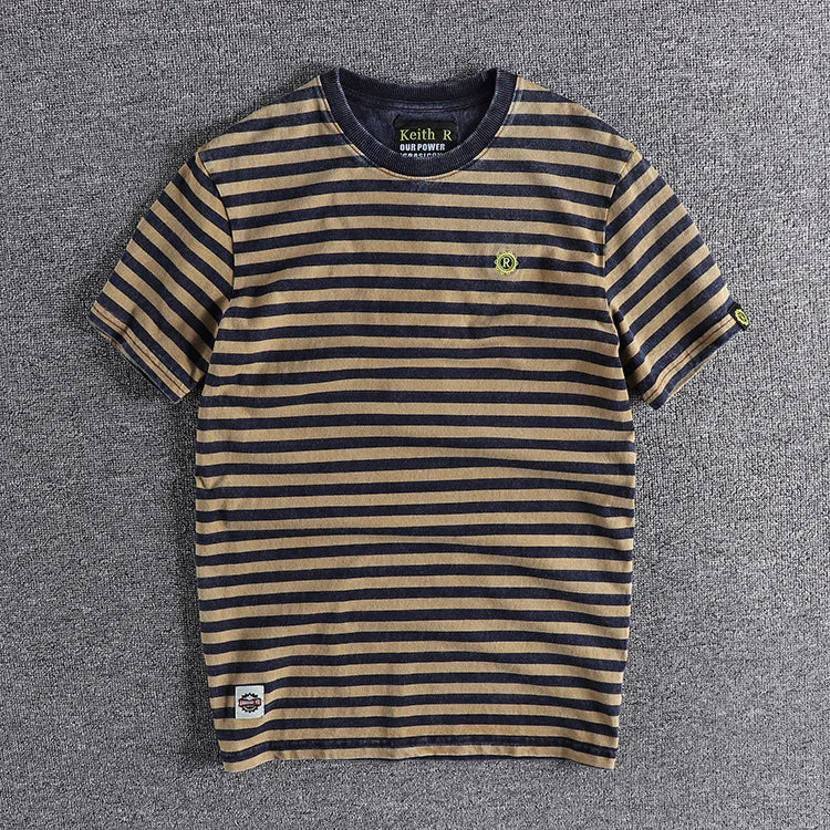 Retro and Aged Casual Short-sleeved T-shirt, High-quality Men's Striped Cotton T-shirt, Sweat-absorbing & Breathable Sports Top