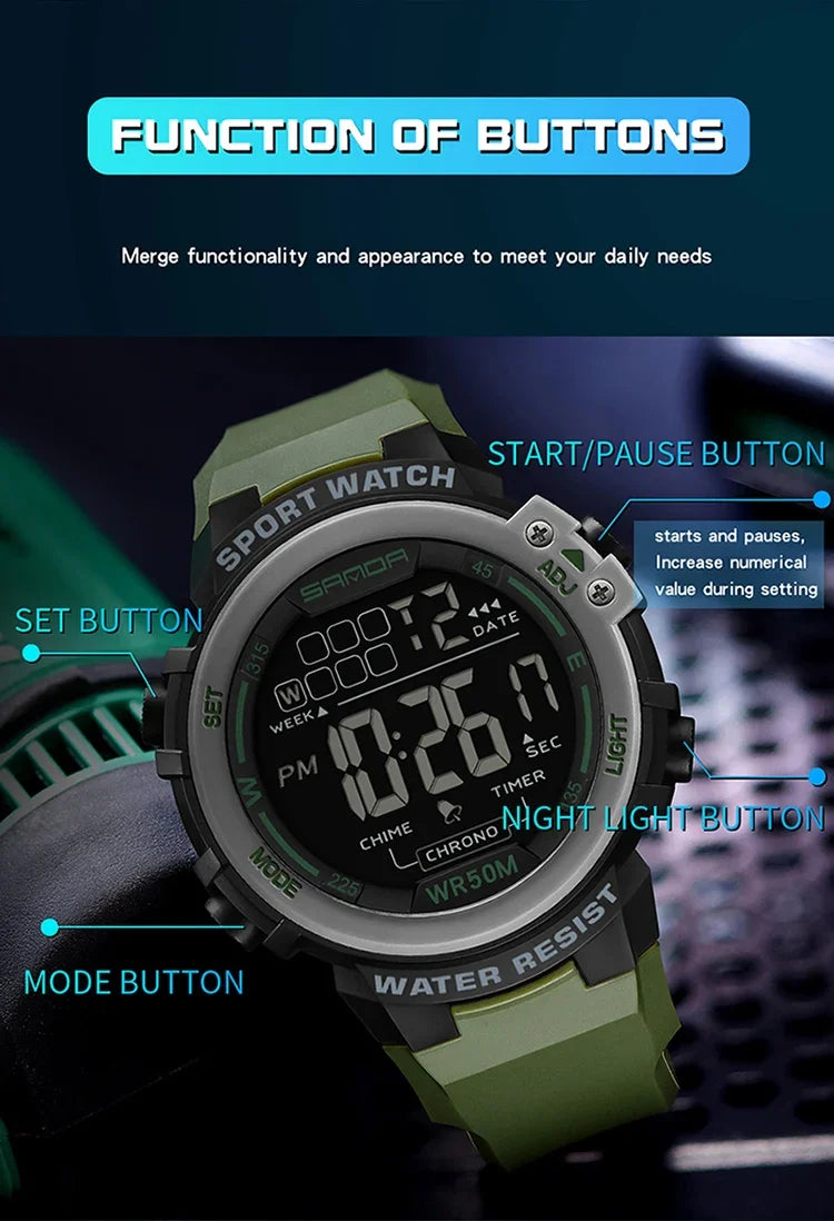 SANDA 2140 Watches Alarm Clock Chrono 5Bar Waterproof Digital Watch reloj hombre New Fashion Outdoor Sport Men Multifunction