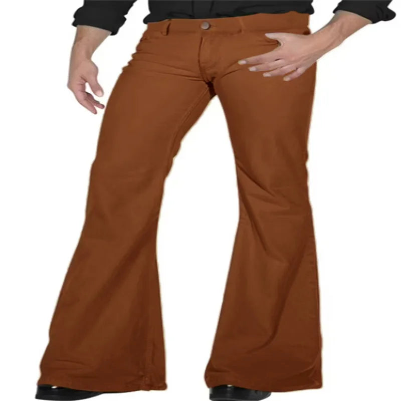 2026 Fashion Men's Vintage Disco Flared Pants Solid Stretch Slim Fit Trousers Hippie Style Casual Wide Leg Pants Male Streetwear