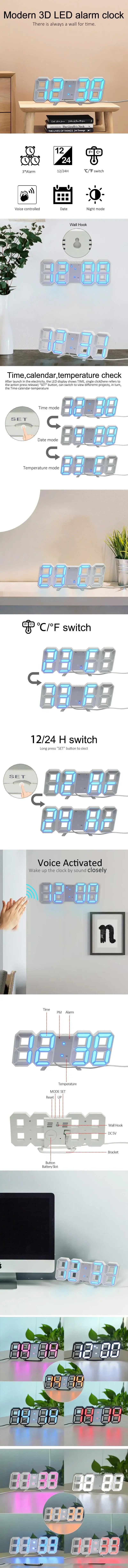 LED Digital Alarm Clock Wall Hanging With 3D Display Date Temperature For Home Kitchen Office Decoration Clocks Decor