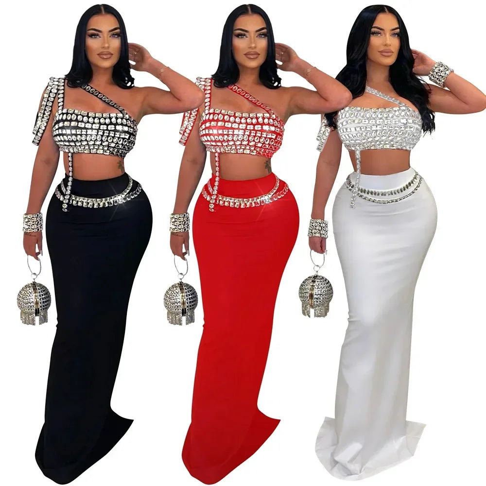 Women Dress Sets Floor Length Buttocks Skirts Two Pieces Set Matching Sets Diamonds Camisole High Street Party Night Evening