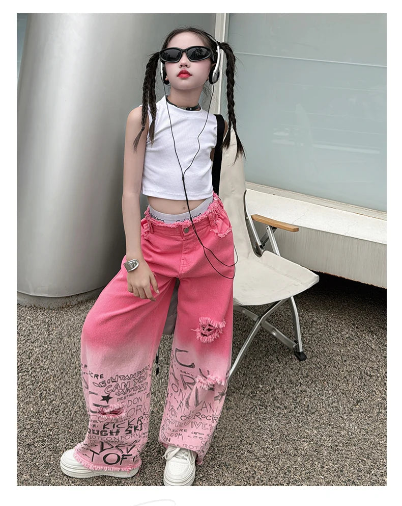 junior girls pink gradient color hole wide leg jeans cotton teenager kids Mop pants pant children trousers adolecentes 4 12 14