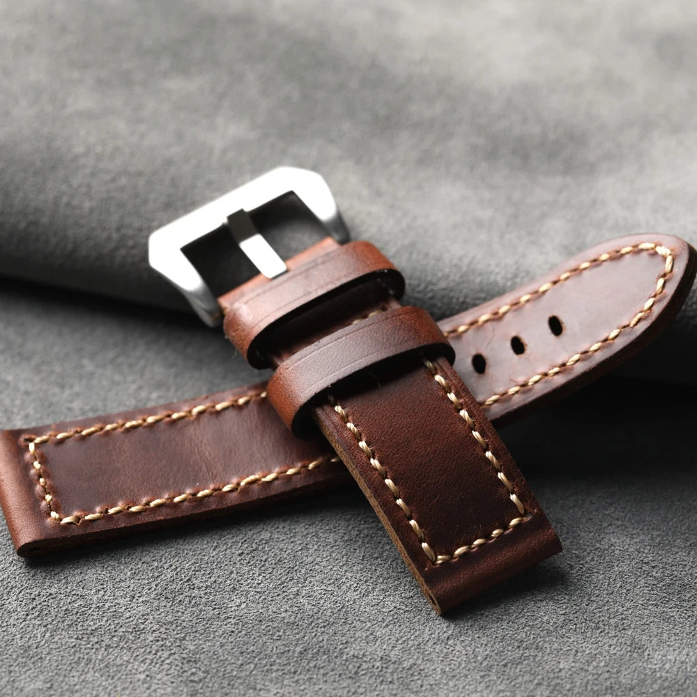 Handmade Layer Cowhide Leather Strap Suitable For Bronze Watchband 20 22 24 26MM Thickened sSoft Leather Retro Style Men Bracele