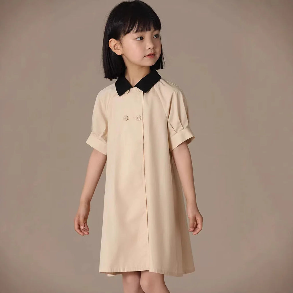 Girls Dress 2025 Spring Summer New Simple Temperament Cotton Contrasting Turn-down Collar Double Breasted Short Sleeved Dress