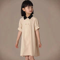 Girls Dress 2025 Spring Summer New Simple Temperament Cotton Contrasting Turn-down Collar Double Breasted Short Sleeved Dress
