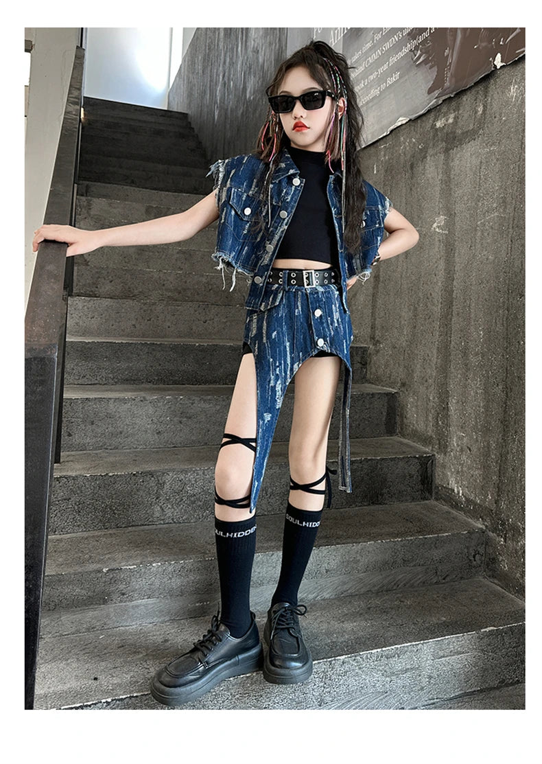 junior Girls Street Jazz Dance Set short denim vest jacket+Irregular skirt black top shorts belt teen girls clothes suit outfits