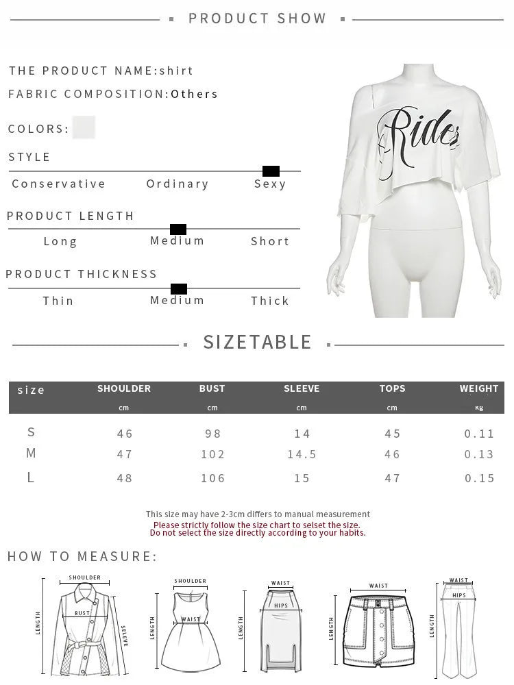 SylCue Letter Print Oversized T-shirt Women Skew Collar Short Sleeves Off Shoulders Irregular Hem Hip-hop Style Trend Crop Tops