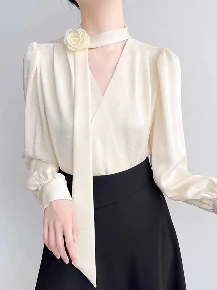 2025 New Ladies' Clothes French Elegance Rose Bow Long-Sleeve Blouse Women’s Chic Spring/Autumn Top Satin High Quality Clothing