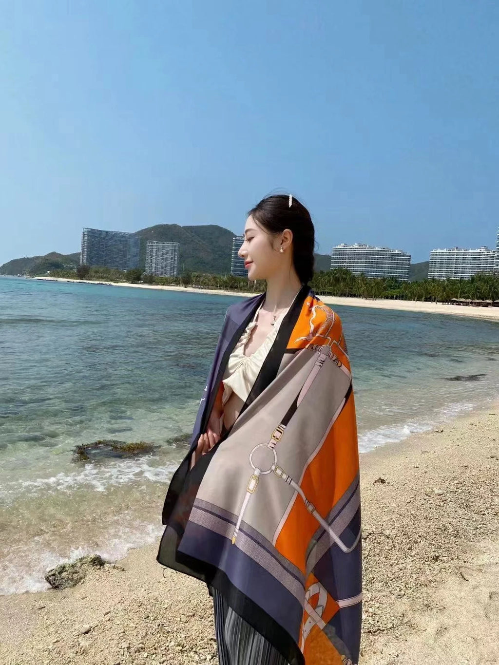 New Silk Long Scarf Women Luxury Shawls Design Sunscreen Outdoor Beach Towel Large Shawl Plain Soft Turban Headband Shawl Beach