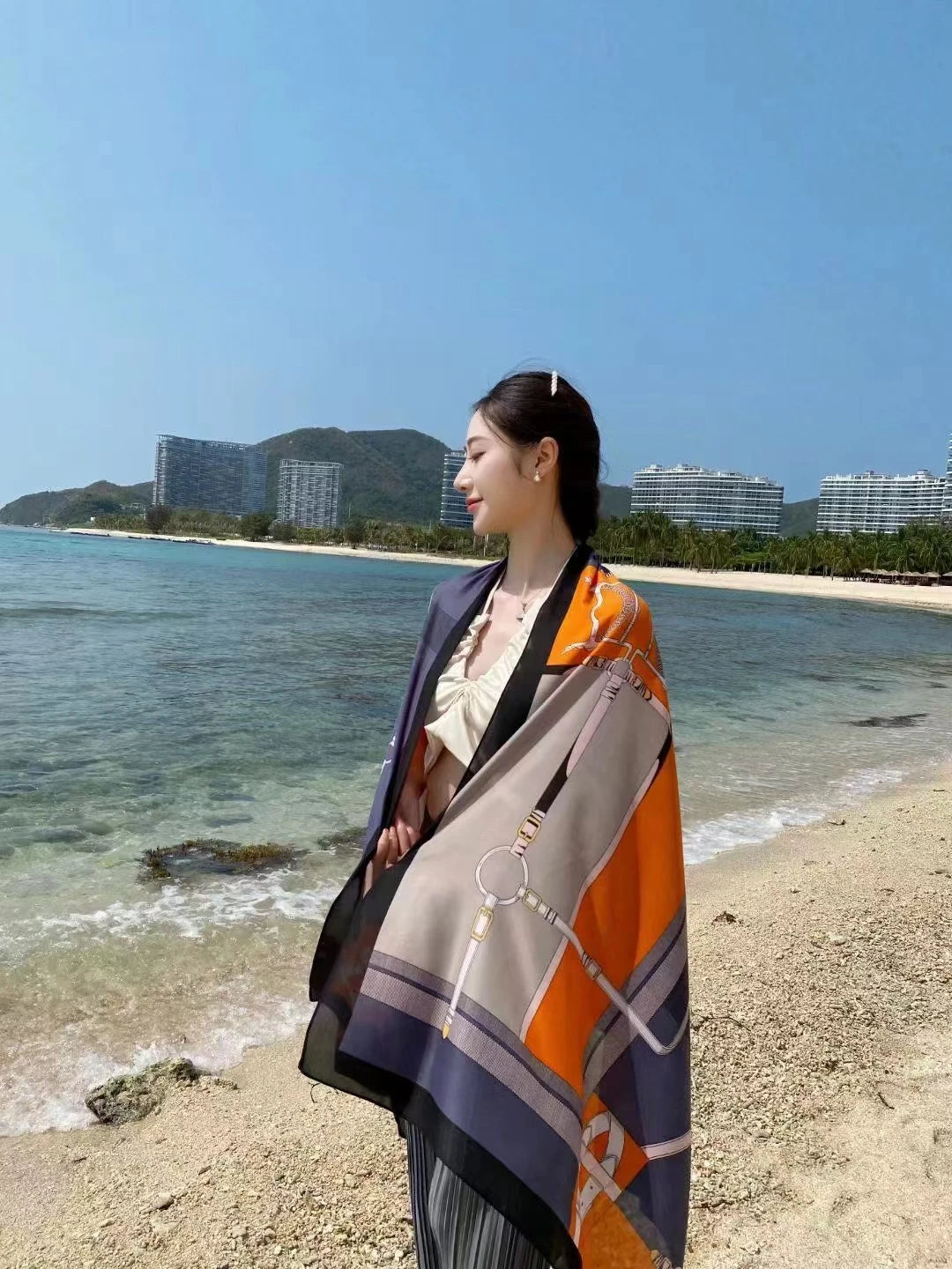 New Silk Long Scarf Women Luxury Shawls Design Sunscreen Outdoor Beach Towel Large Shawl Plain Soft Turban Headband Shawl Beach