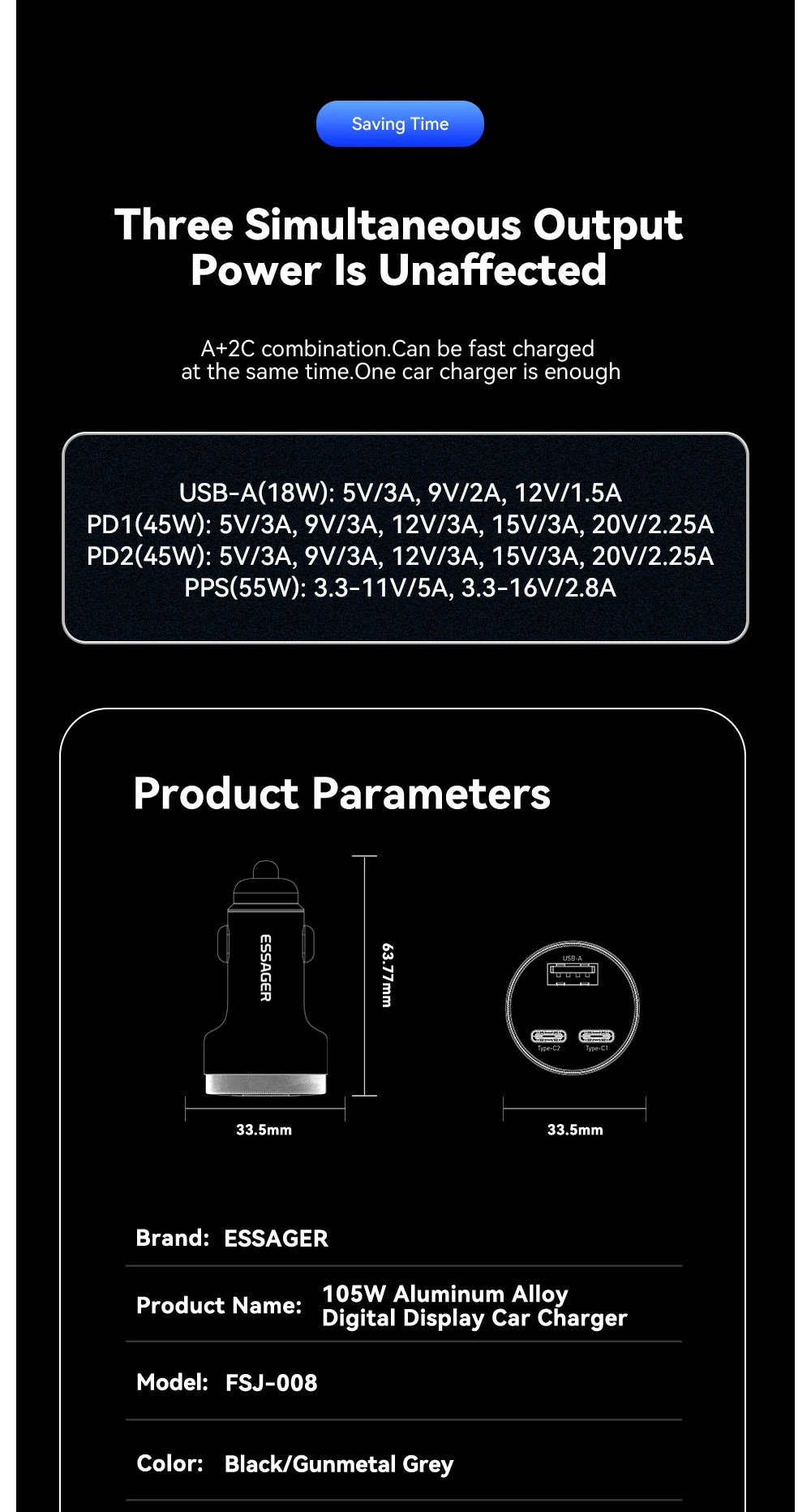 Essager 105W USB Car Charger Quick Charge 4.0 QC4.0 QC3.0 QC SCP PPS PD USB Type C Fast Charging For iPhone 14 15 Xiaomi Phone