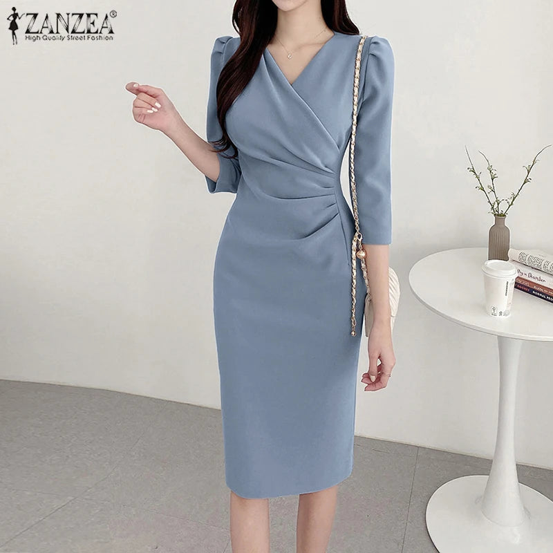 ZANZEA Autumn Women Elegant V Neck Bodycon Dress Ladies Party Club Dresses Fashion Work OL Vestidos 2024 Spring Women's Clothing