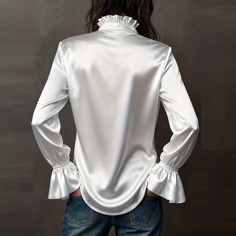 Elegant Blouses For Women Spring Autumn Satin Shirt Women Fashion Flare Long Sleeve Button Silk Blouse All Match Office Lady Top