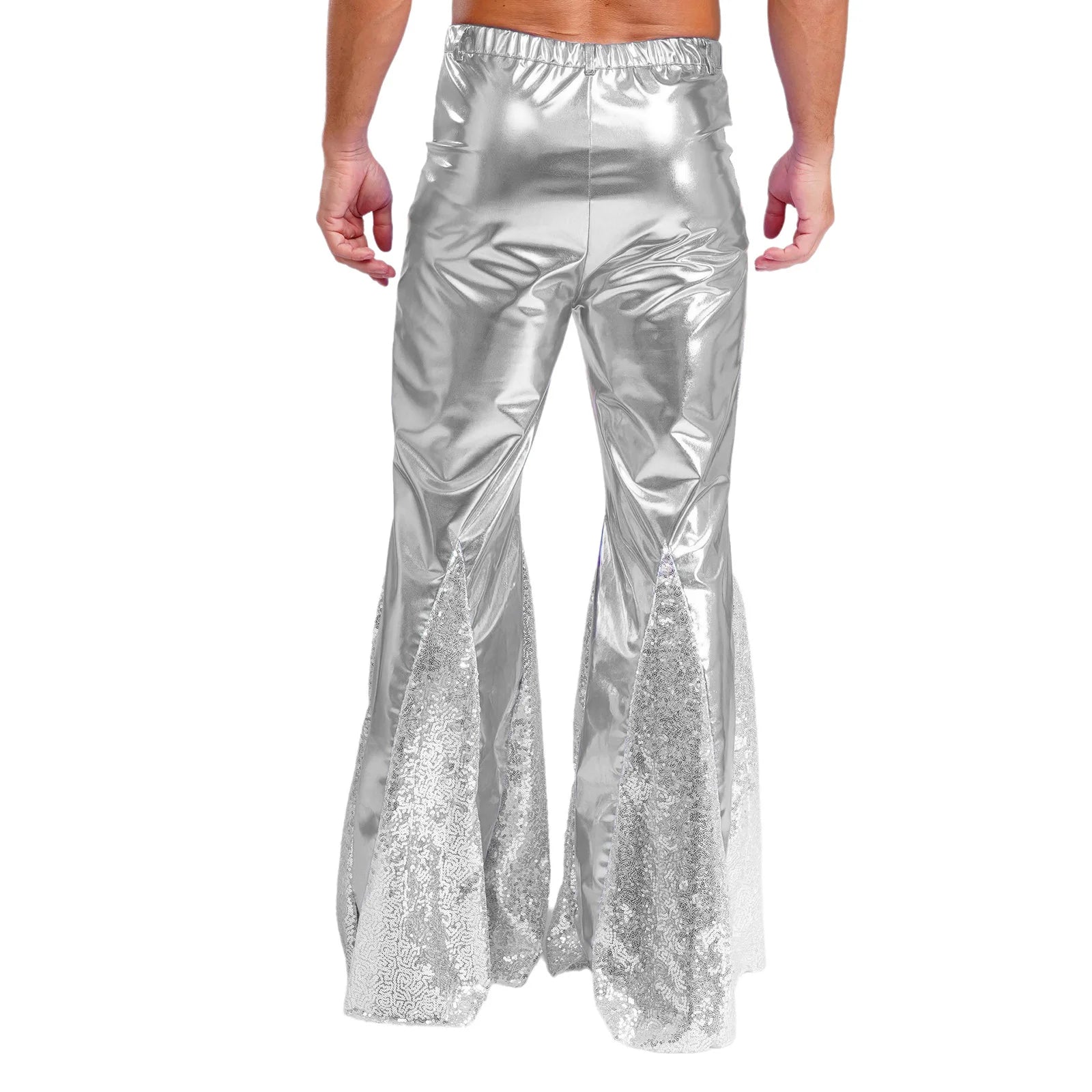 Mens Shiny Metallic 70s Disco Pants Hippie Vintage Costume Dance Party Sequins Bell Bottoms Stage Performance Flared Pants