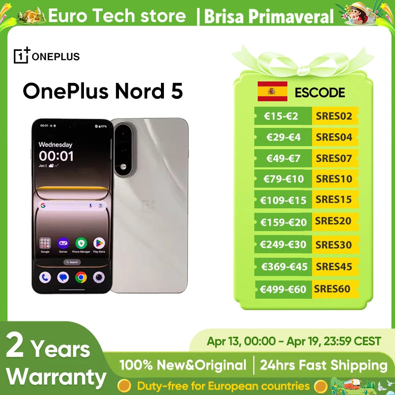 OnePlus Nord 5 Smartphone 5G Snapdragon 8s Gen 3  6.83”AMOLED Display 144 Hz 5200mAh 80W SUPERVOOC Charging 50MP Dual Cameras