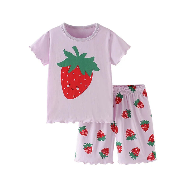 Jumping Meters 100% Cotton 3-8T Strawberry Girl 2 PCS Sets Baby Outfits Summer Tops + Shorts Children's Clothing Toddler Outfits