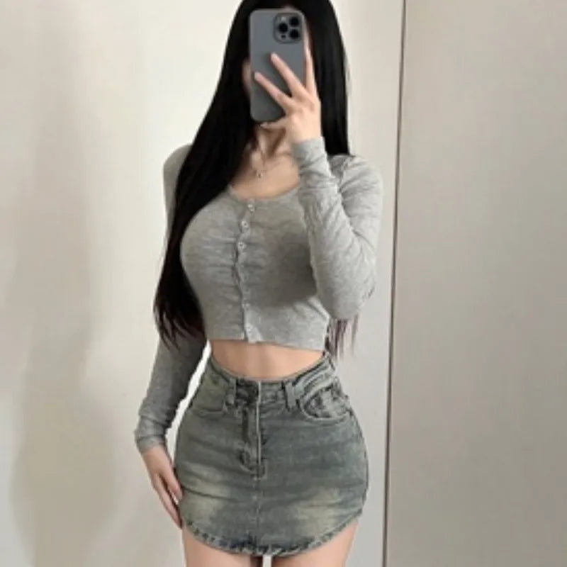 Single Breasted Tshirt Long Sleeve Crop Top Solid Color T Shirts For Women Streetwear Slim Fit Lady Outfit Camisetas Ropa Mujer