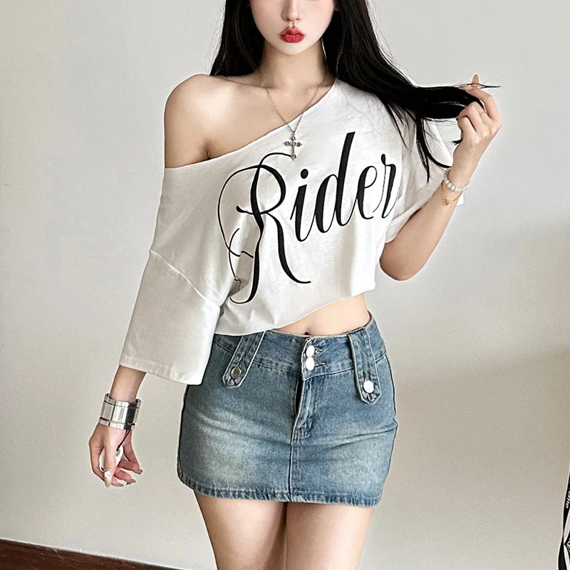 SylCue Letter Print Oversized T-shirt Women Skew Collar Short Sleeves Off Shoulders Irregular Hem Hip-hop Style Trend Crop Tops