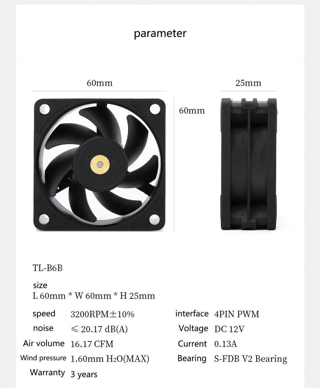 Thermalright TL-B6b chassis cooling fan, 60x60x25mm/3200rpm low noise and high-performance computer fan