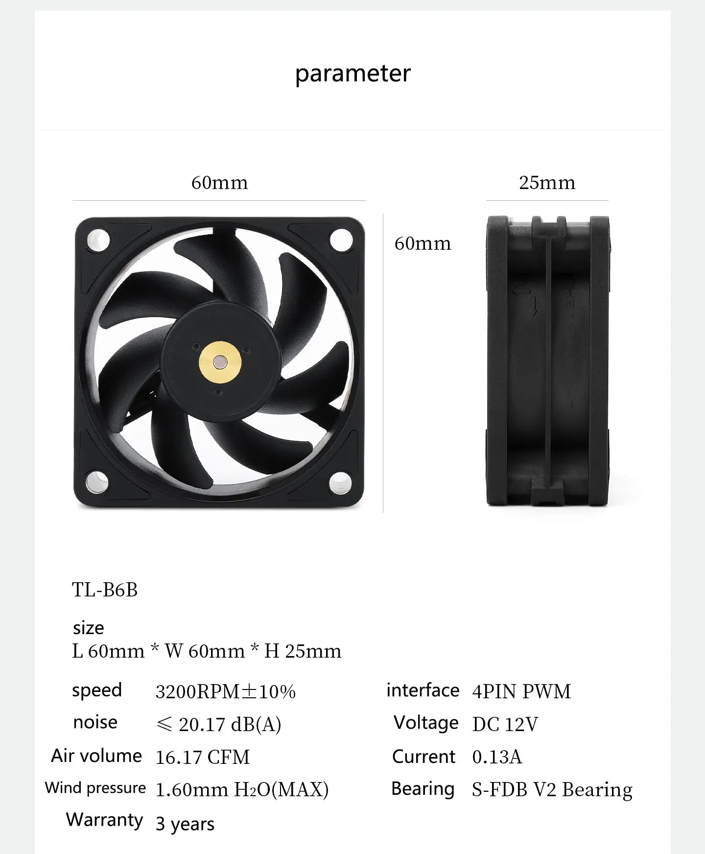 Thermalright TL-B6b chassis cooling fan, 60x60x25mm/3200rpm low noise and high-performance computer fan