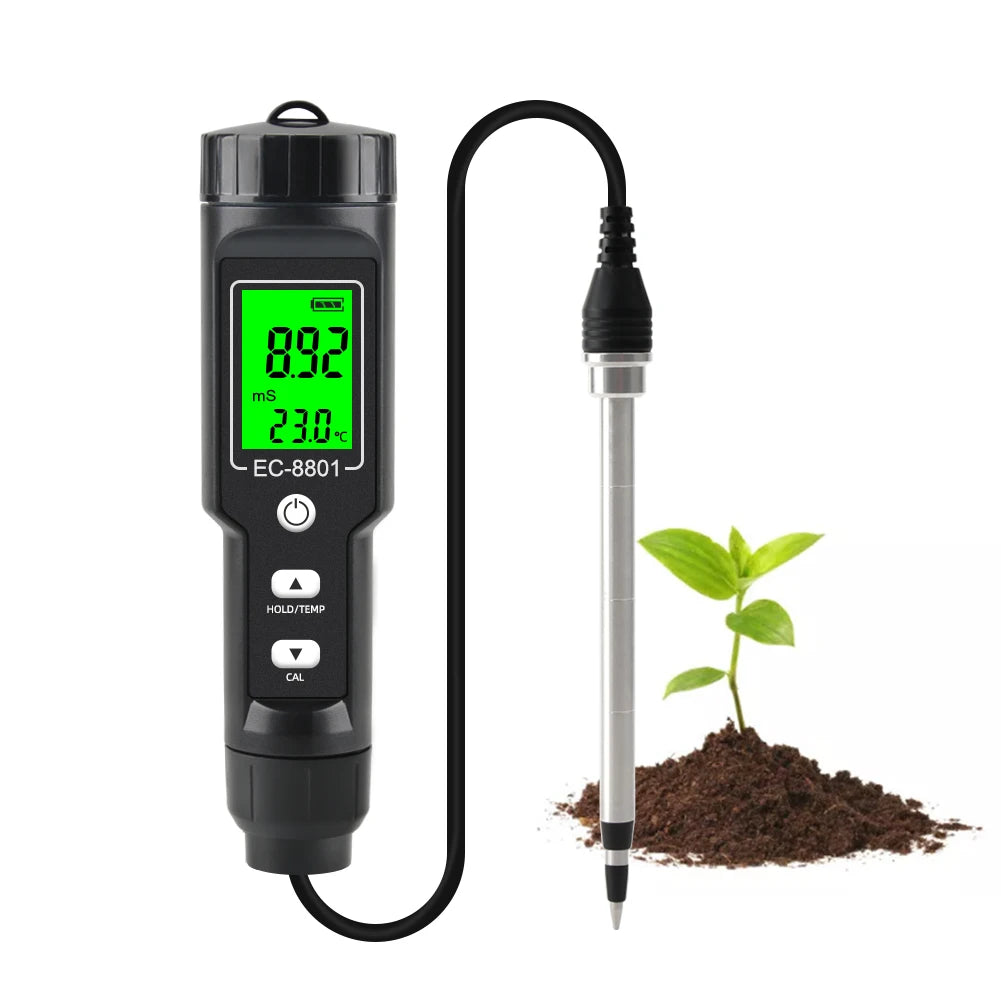 Digital EC/Temp Soil Tester 0.00~10.00mS/cm Conductivity Meter High Accuracy Sensor with ATC for Hydroponics Planting Gardening