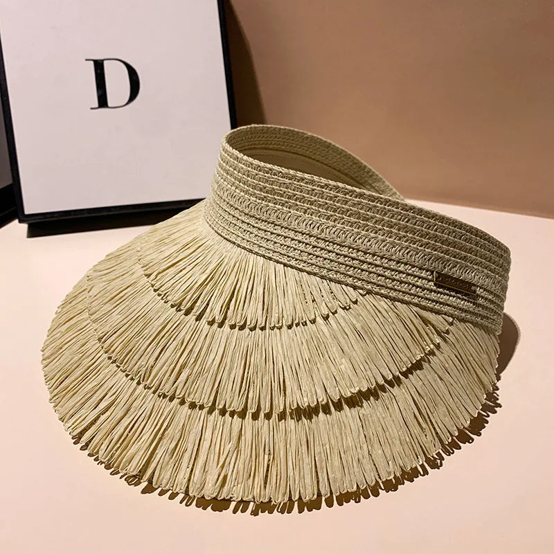 Designer Brand Sunscreen Tassel Straw Hats for Women Summer Empty Top Sun Hat Outdoor Pamama UV Protection Beach Sunshade Cap