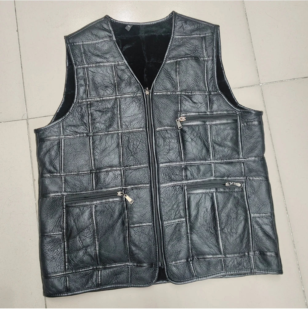 2026 Real Sheepskin Genuine Leather Vest Men Black Waistcoat Male Sleeveless Jacket Thick Motorcycle Vest Multi Pocket Zipper