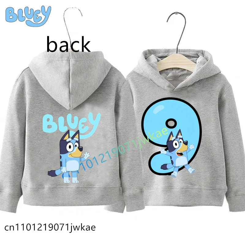 Bluey Birthday Number Print Hoodie Kids 1-9Y Front Back Design Long Sleeve Sweatshirt Boys Girls Casual Tops Birthday Party Wear