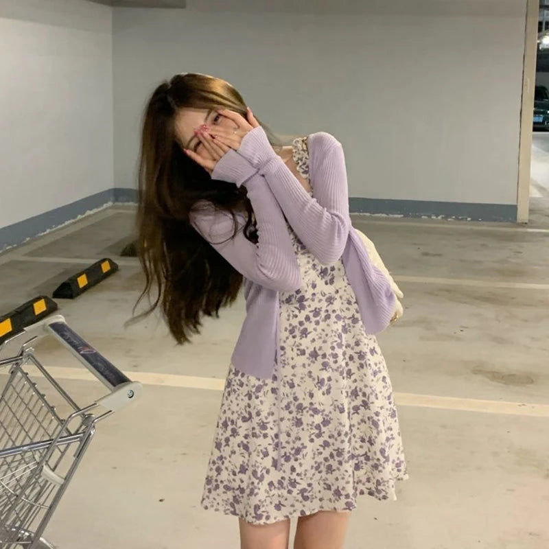 Lucyever Summer Purple Two-piece Sets Dress for Women Floral Slip Mini Dress+Sunscreen Shawl Cardigan Woman 2022 New Sundress