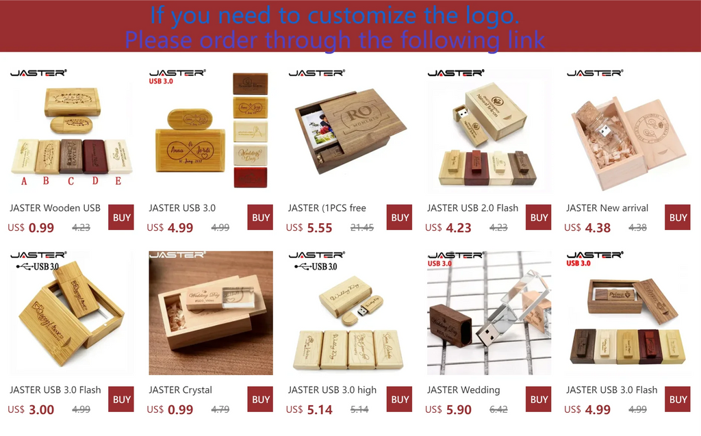 JASTER 10PCS/LOT Wooden Heart USB 2.0 Flash Drives 128GB  Free custom logo key chain Pen drive 64GB 32GB Business gift USB stick